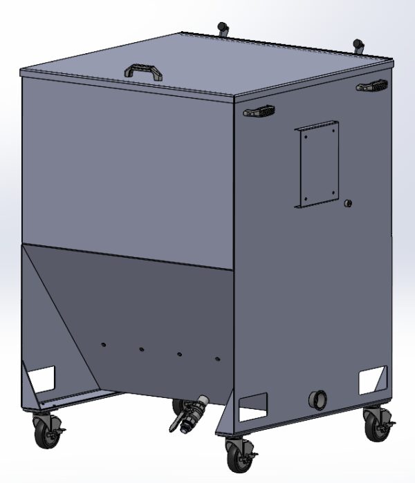 A gray box with wheels on it, designed to serve as a transport container for the Stainless Steel Grain Spawn Tank or soak and cook tank.