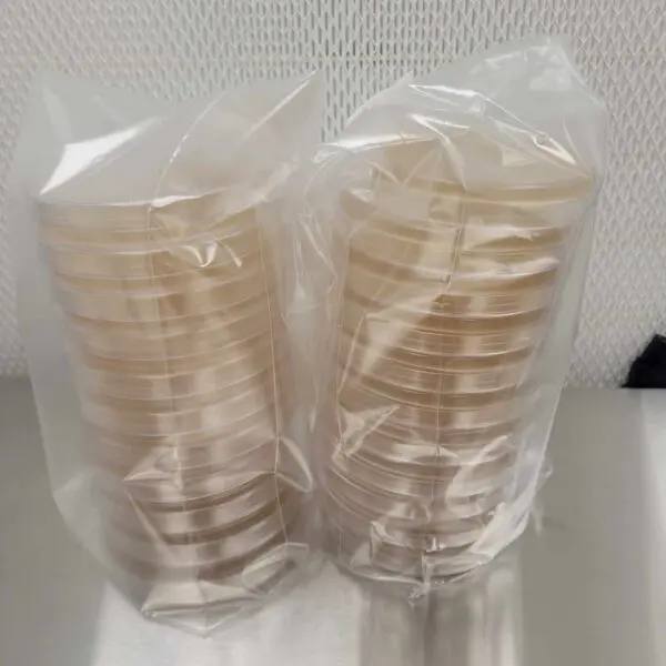 A plastic bag with two Petri Dishes Pre Poured sitting on a table.